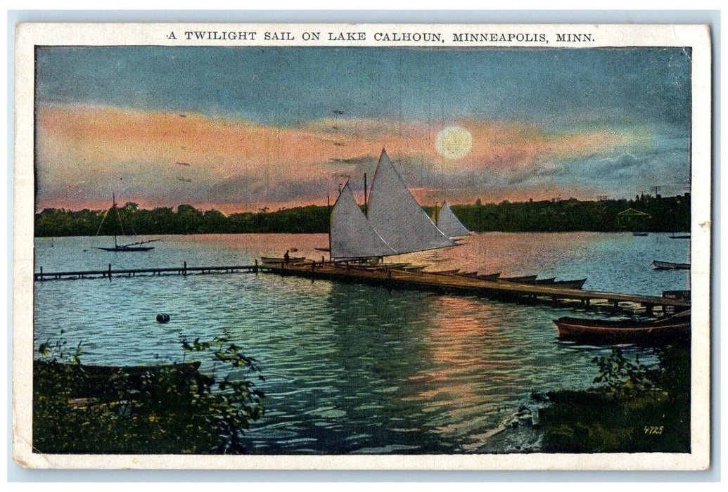 1930 Twilight Sail Lake Calhoun Moonlight Moon Minneapolis Minnesota MN Postcard
