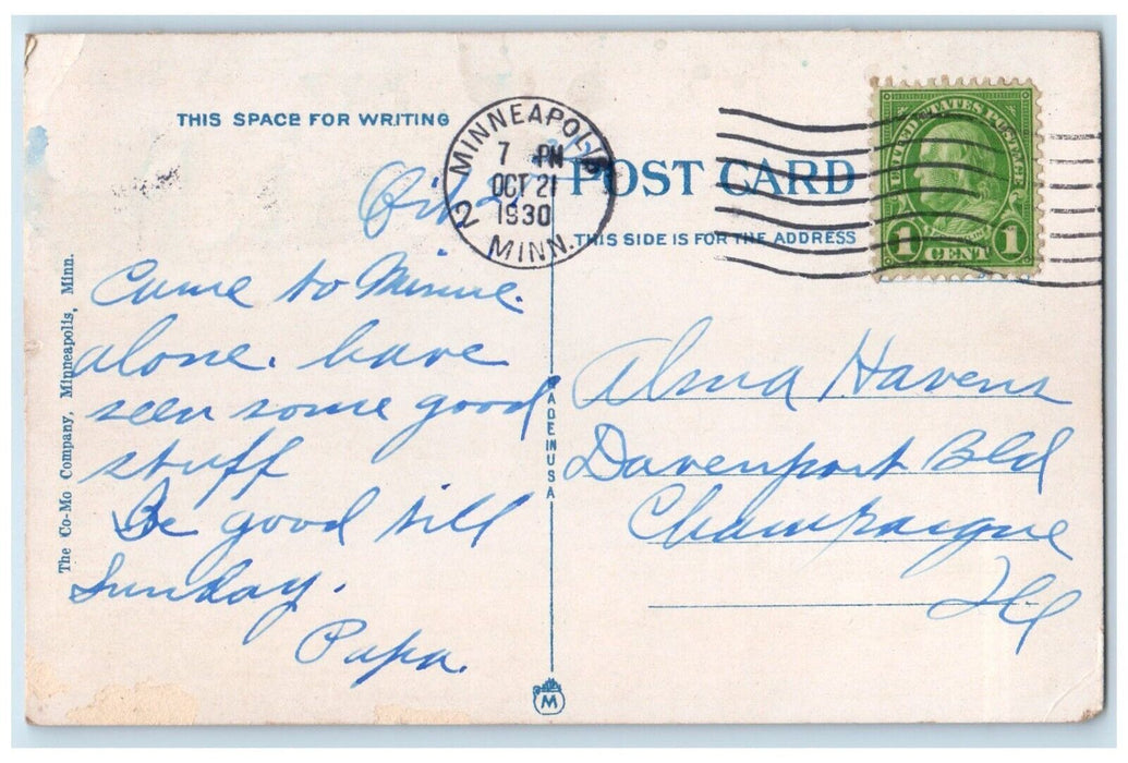 1930 Twilight Sail Lake Calhoun Moonlight Moon Minneapolis Minnesota MN Postcard