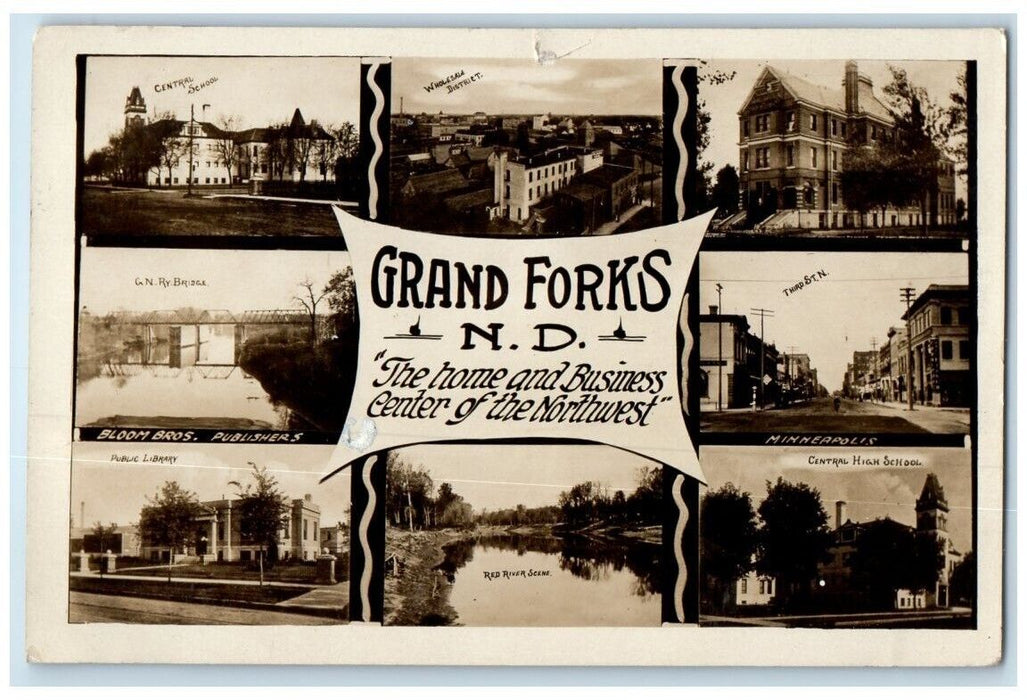 1909 School Library Bridge River Multiview Grand Forks ND RPPC Photo Postcard