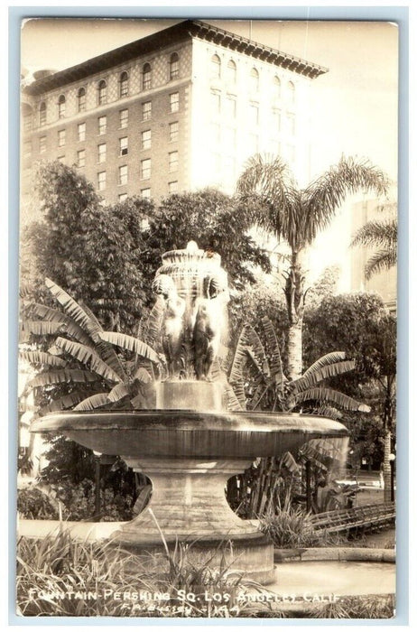 1933 Pershing Square Fountain View Los Angeles California CA RPPC Photo Postcard