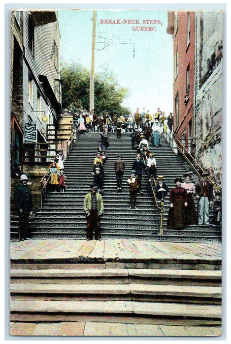 c1910 Crowd in Break-Neck Steps Quebec Canada Antique Posted Postcard