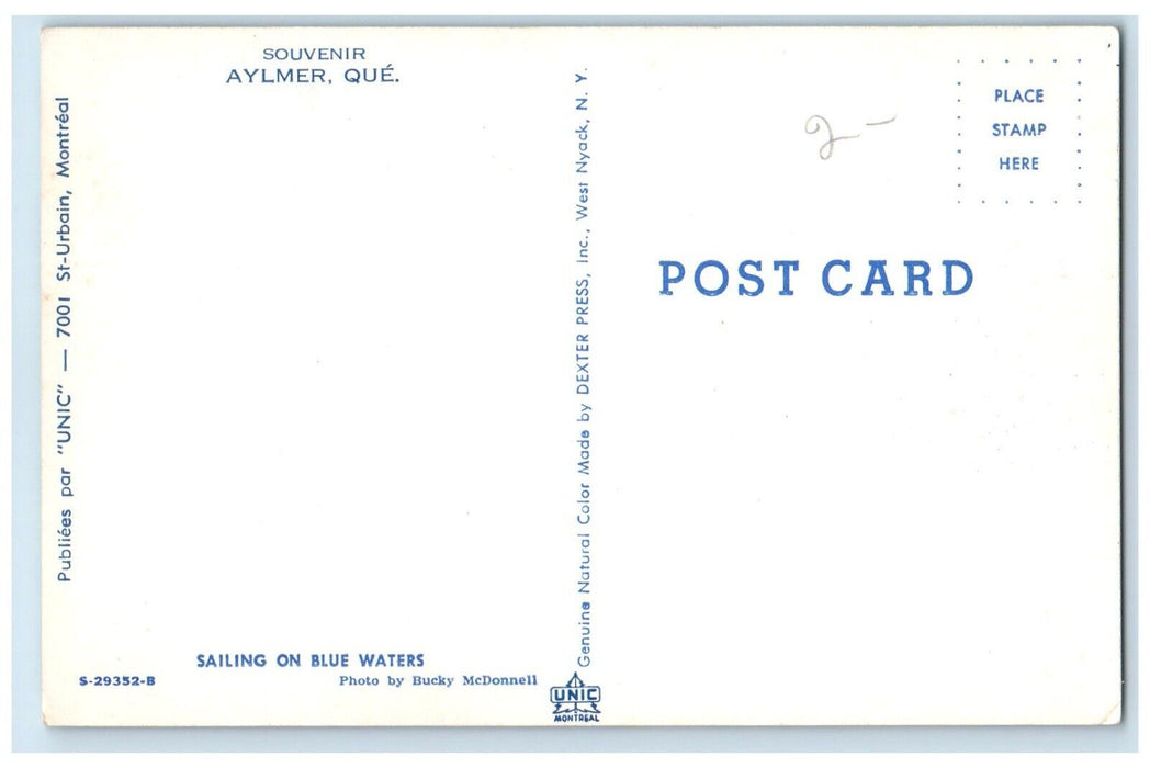 c1960's Sailing on Blue Waters Souvenir Aylmer Quebec Canada Postcard