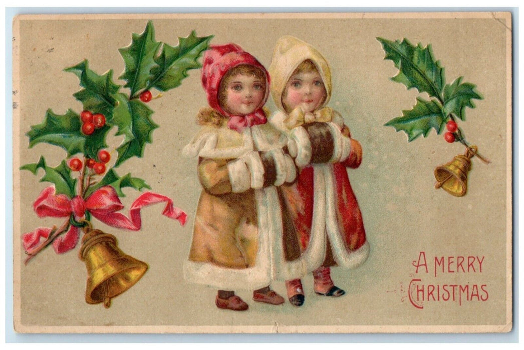 1908 Christmas Berries Girls Handwarmer Ringing Bells Embossed RPO Postcard