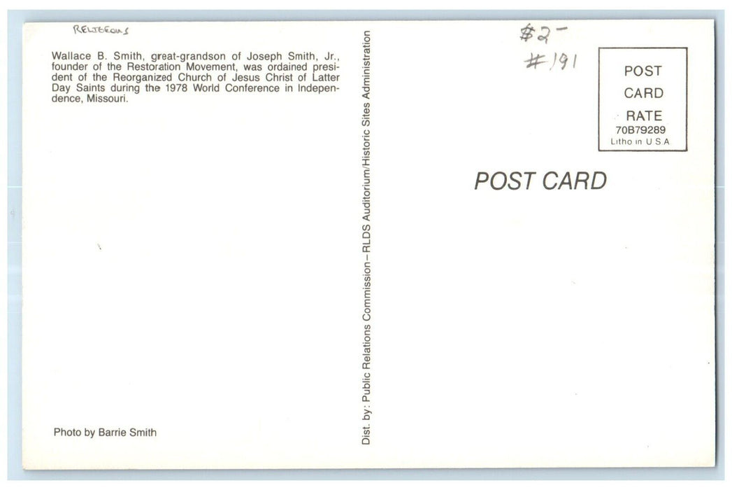Wallace B. Smith Founder Of Restoration Religious Independence MO Postcard