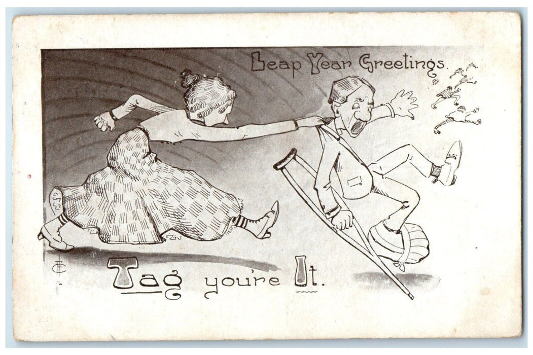 Leap Year Greeting Wife Chasing Husband Tag You're It Garland Kansas KS Postcard