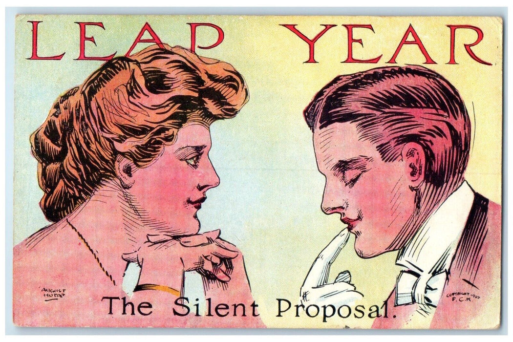 c1910s Leap Year Silence Proposal Couple Romance Kansas City MO Antique Postcard