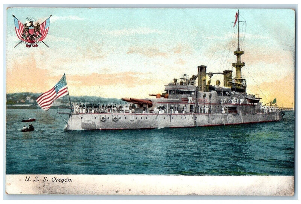c1910's USS Oregon Battleship Scene Flag Unposted Antique Postcard