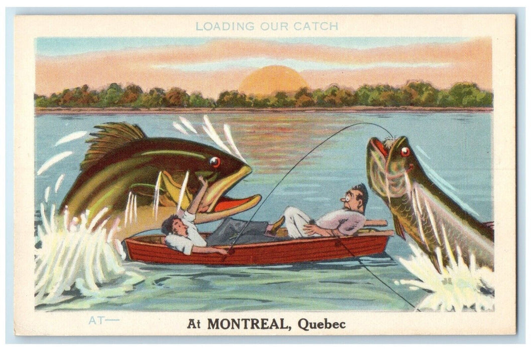 c1940's Exaggerated Fish Loading Our Catch at Montreal Quebec Canada Postcard