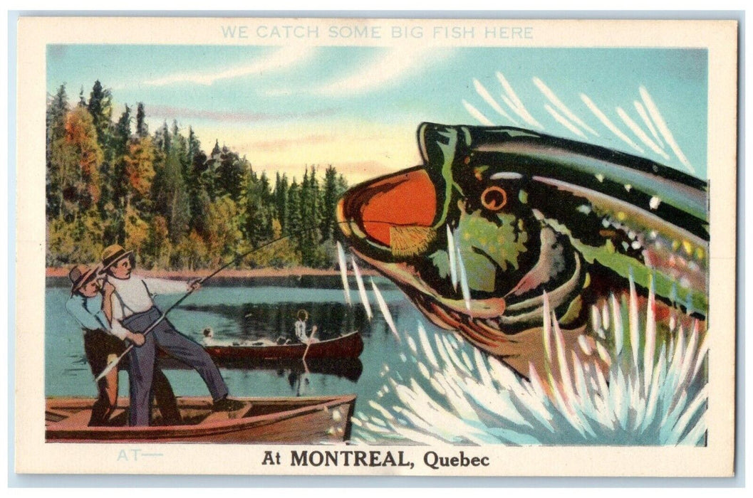 c1940's Exaggerated Fish We Catch Some Big Fish Here Montreal Canada Postcard