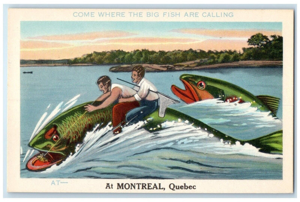 c1950's Two Men Riding Exaggerated Fish Fishing Net Montreal Canada Postcard
