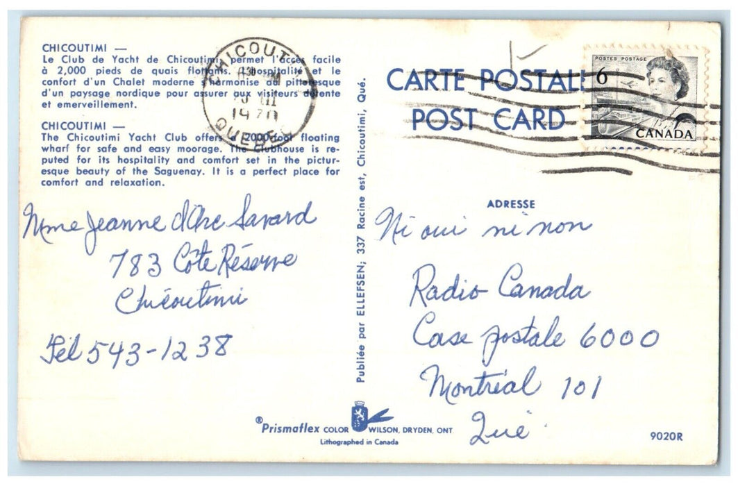 1970 The Chicoutimi Yacht Club Chicoutimi Quebec Canada Vintage Postcard