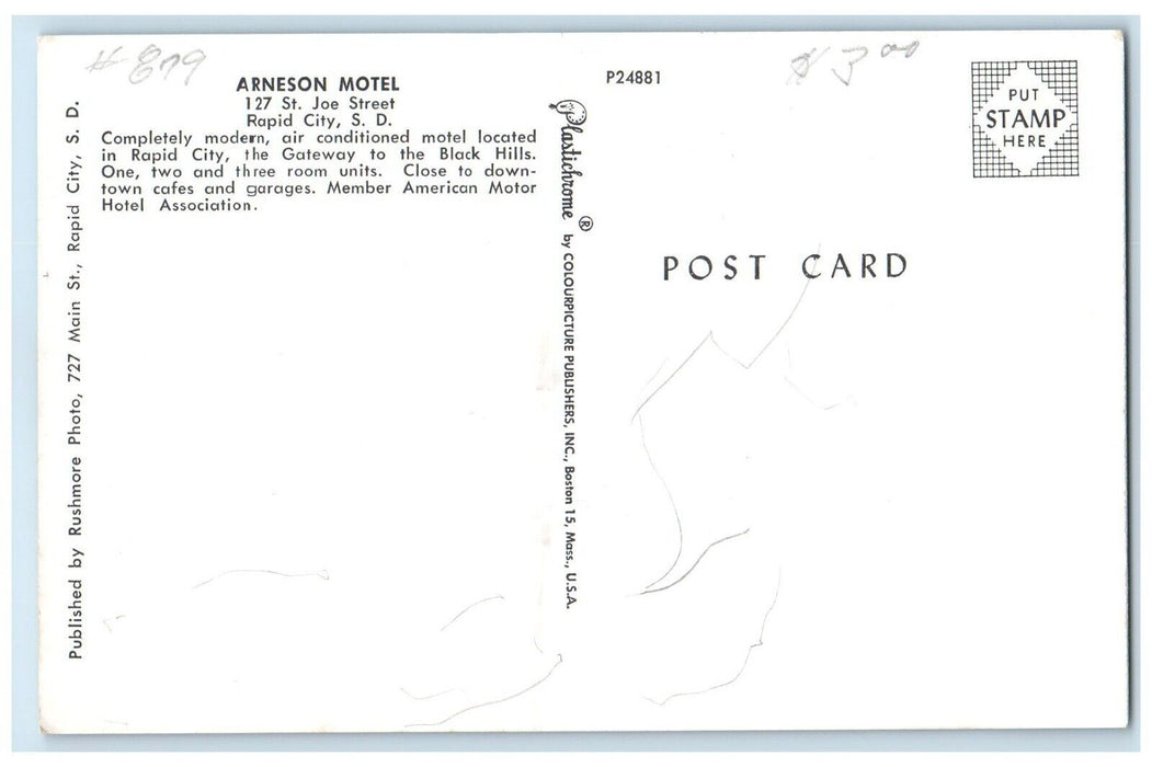c1950's Arneson Motel Rooms Cabins Roadside Rapid City South Dakota SD Postcard