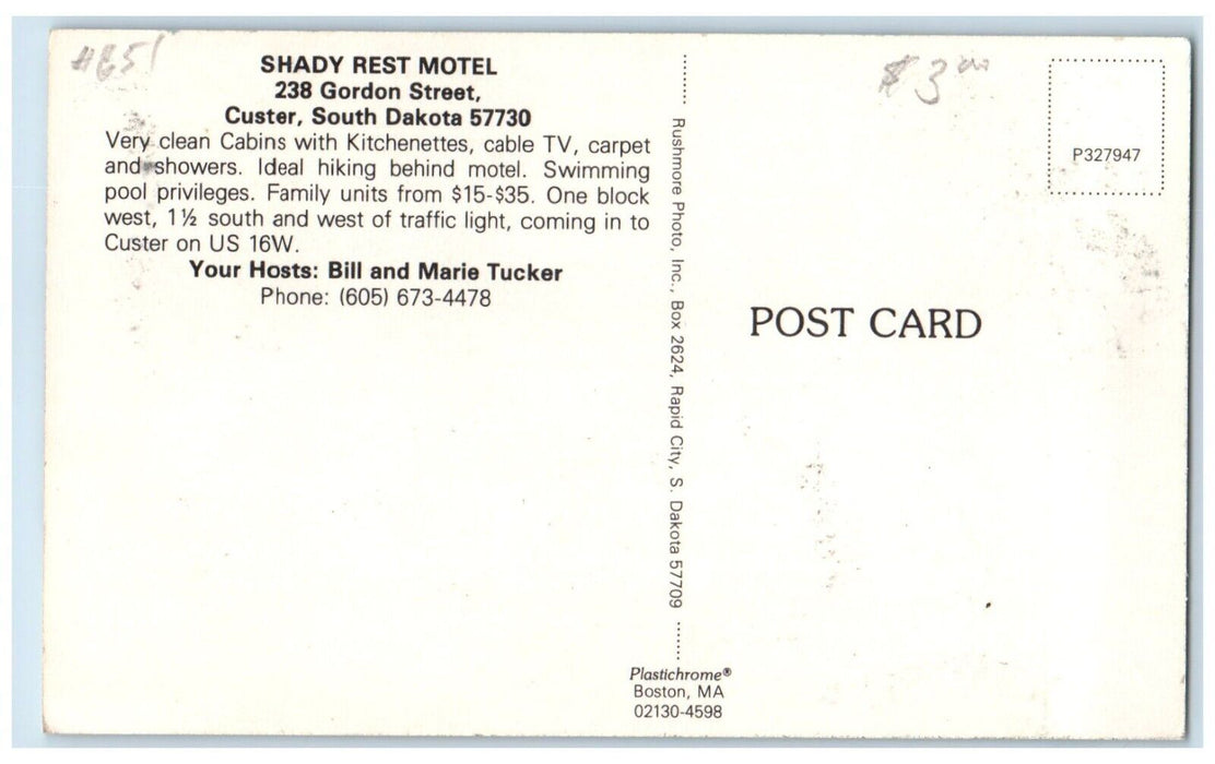 c1950's Shady Rest Motel Cars Custer South Dakota SD Unposted Vintage Postcard