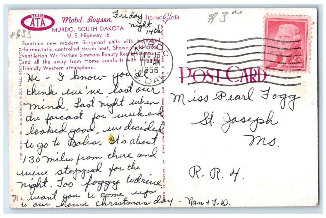 1956 Motel Boysen Roadside Murdo South Dakota SD Posted Vintage Postcard