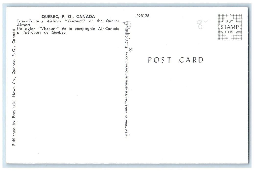 c1960's Trans-Canada Airlines Viscount Airplane PQ (Quebec) Canada Postcard