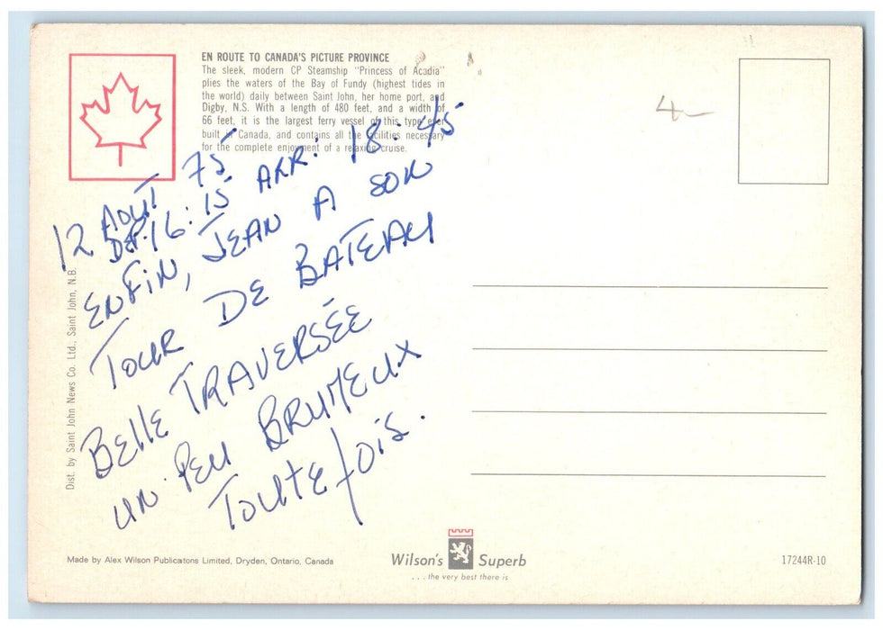 c1960's Princess of Acadia Bay of Fundy St. John NB Canada Vintage Postcard