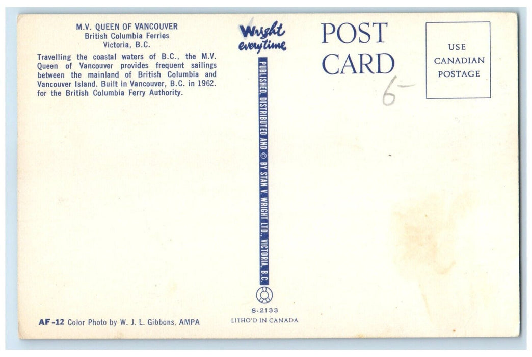 c1960's MV Queen of Vancouver British Columbia Ferries Victoria Canada Postcard