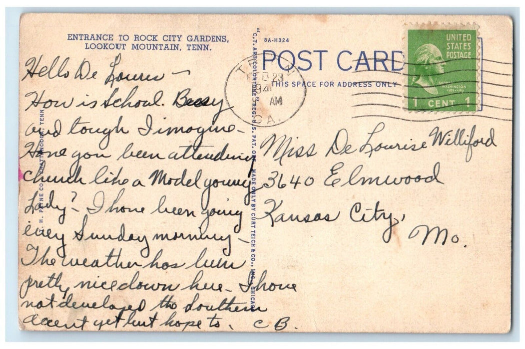 1941 Rock City Gardens Cars Lookout Mountain Tennessee TN Vintage Postcard