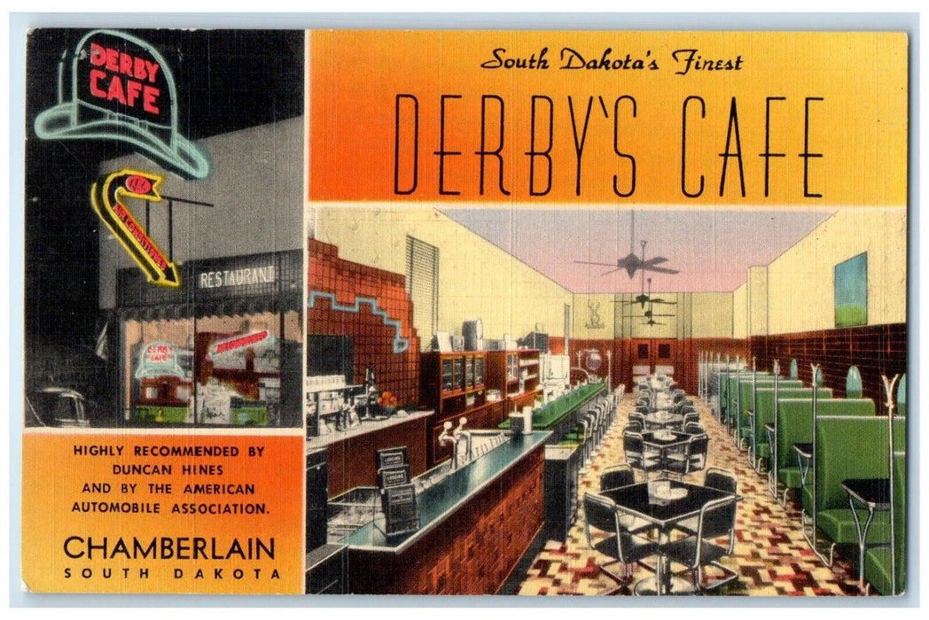 c1950's South Dakota's Finest Derby's Cafe Chamberlain SD Vintage Postcard