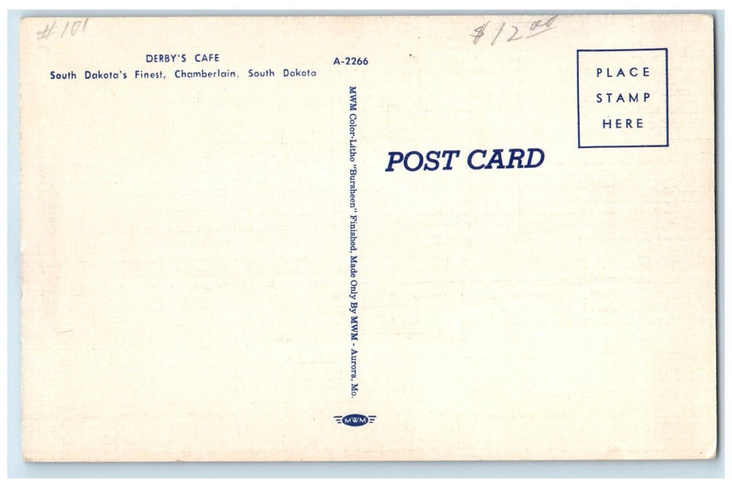 c1950's South Dakota's Finest Derby's Cafe Chamberlain SD Vintage Postcard