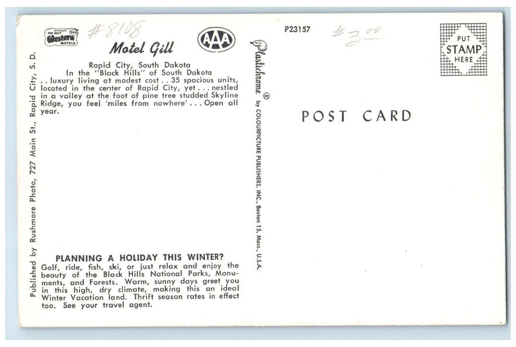 c1950's Motel Gill Roadside Rapid City South Dakota SD Unposted Vintage Postcard