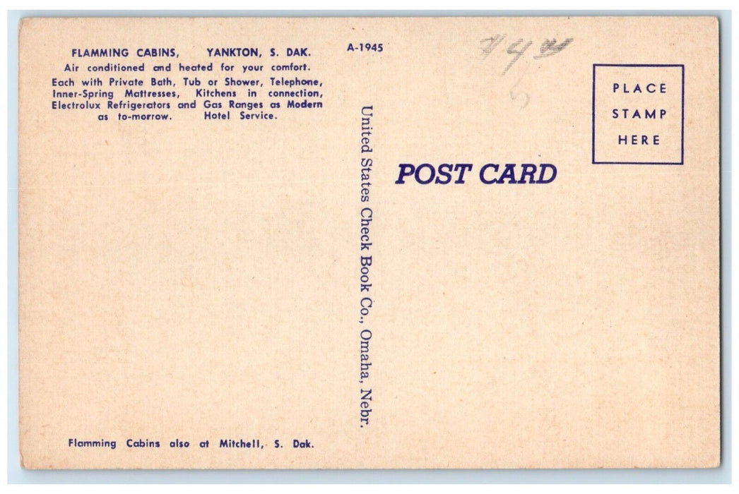c1950's Flamming Cabins Car Roadside Yankton South Dakota SD Vintage Postcard