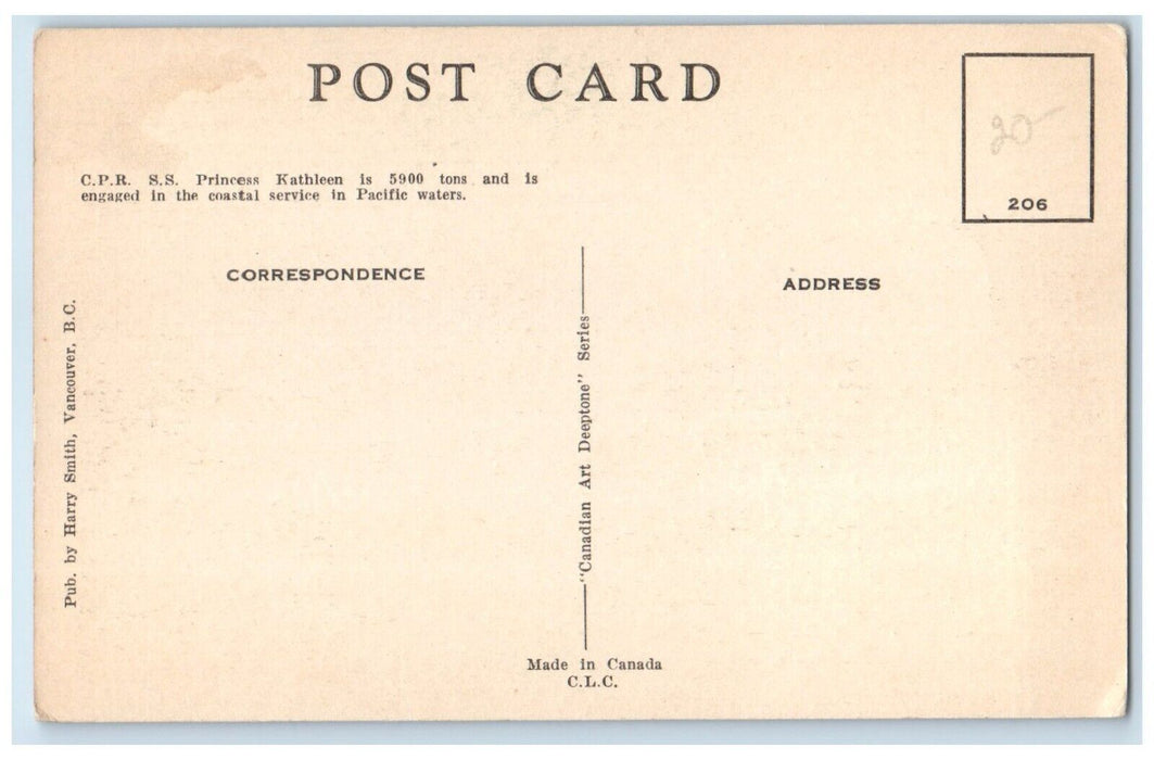 c1960's CPR Steamship Princess Kathleen Vancouver to Victoria Canada Postcard