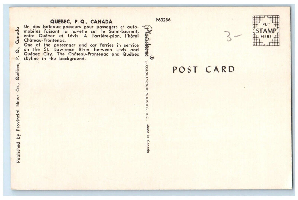 c1960's Passenger Car Ferries on St. Lawrence River Quebec City Canada Postcard