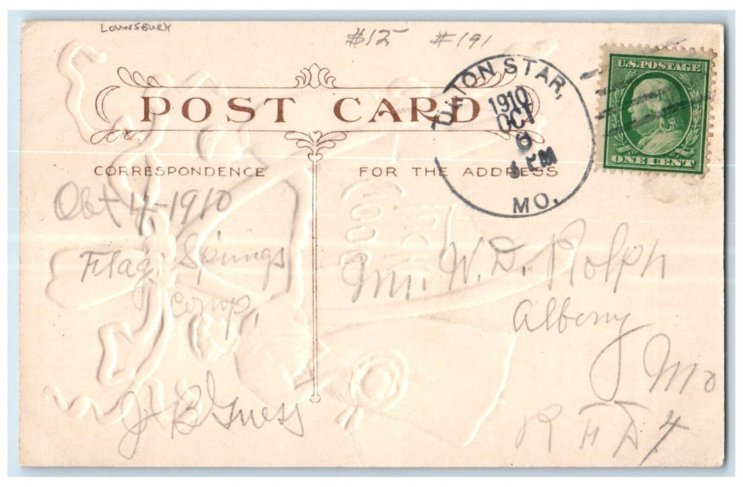 1910 Good Luck Wishbone Lounsbury Embossed Union Star Missouri MO Postcard