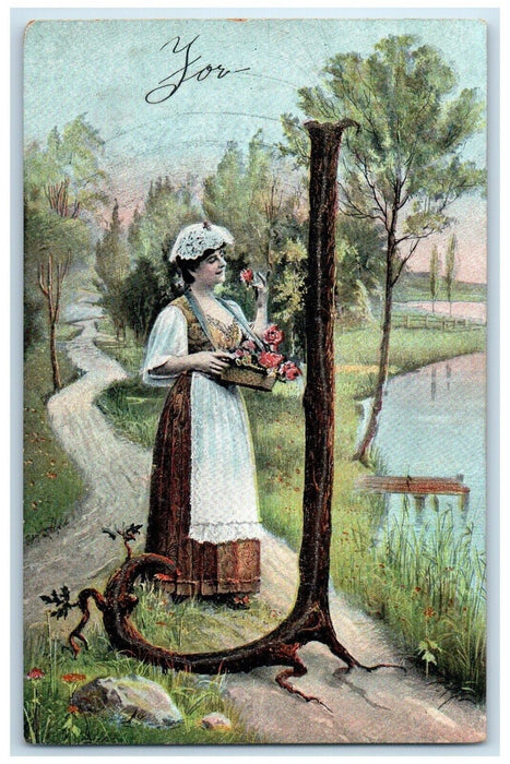 c1910's Woman With Flowers Basket North Topeka Kansas KS Antique Postcard