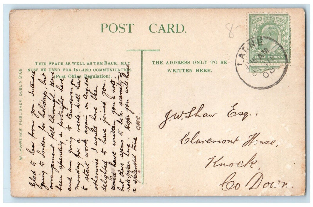 1903 Boat Sailing at Larne Harbour Larne Co. Antrim Ireland Antique Postcard