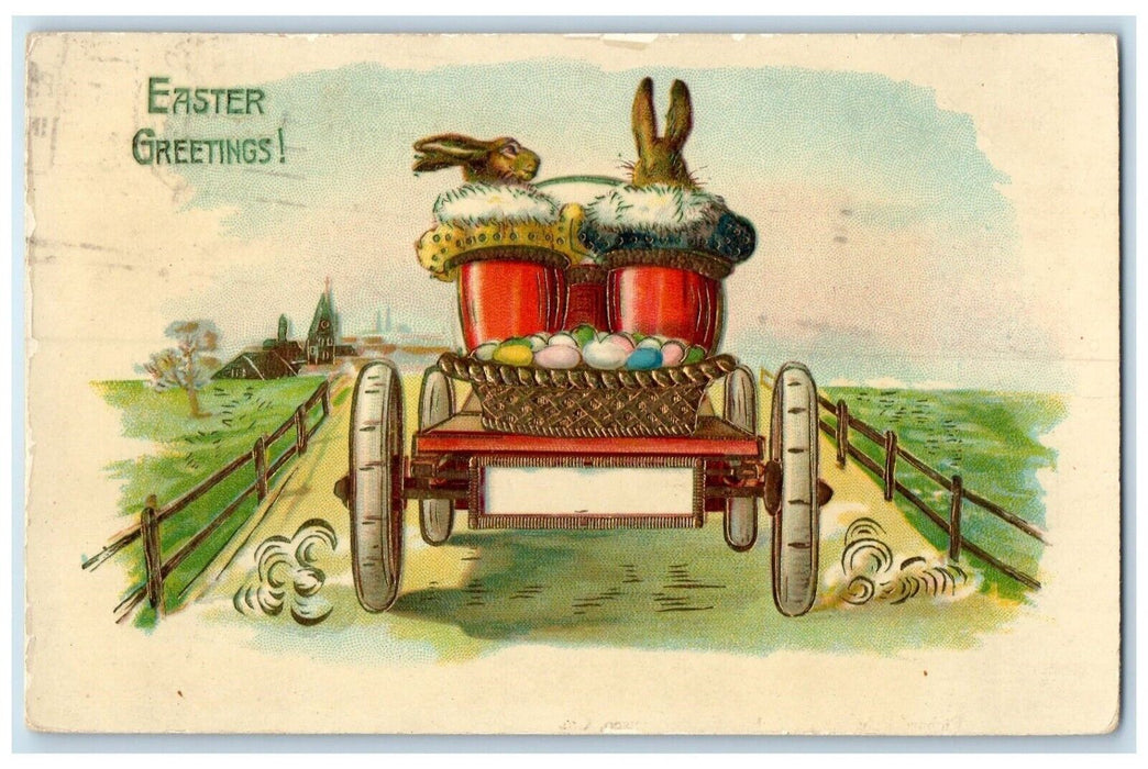 1913 Easter Greetings Rabbit Eggs In Basket Gel Gold Gilt Sacramento CA Postcard