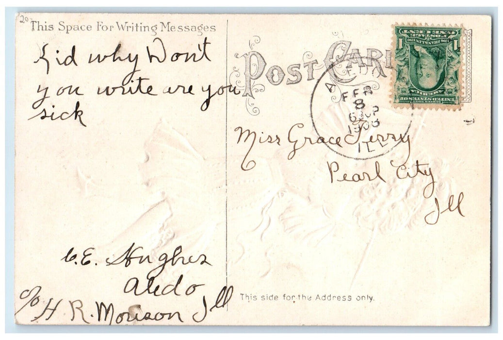 1908 Valentine Pretty Woman Caught Heart Net Embossed Aledo IL Antique Postcard