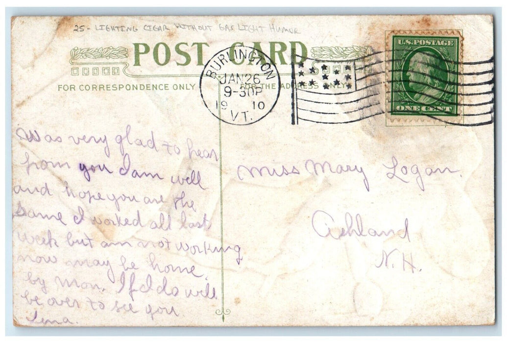 1910 Lightning Cigar Without Gas Light Humor Burlington Vermont VT Postcard