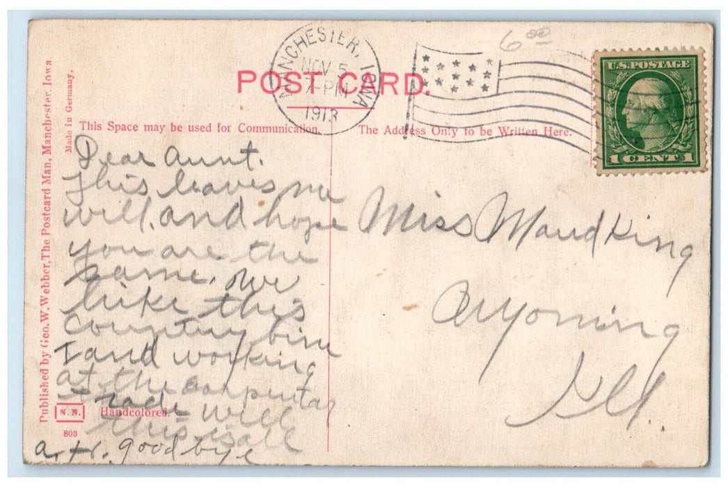 1913 Exterior View Carnegie Library Building Manchester Iowa IA Antique Postcard