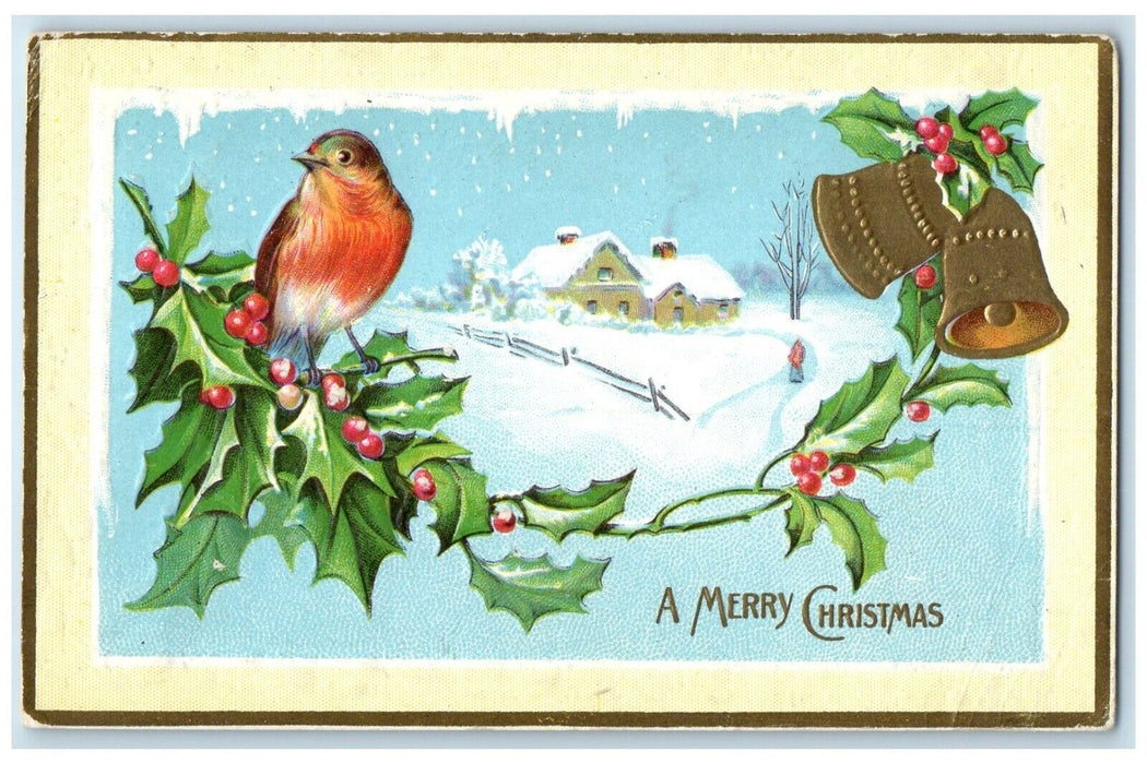 1913 Christmas Bird Berries Ringing Bells Winter Embossed Tracy NJ Postcard