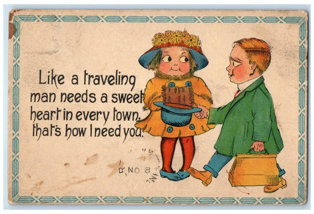 1913 Like A Traveling Man Needs A Sweet Heart Magnolia Minnesota MN Postcard