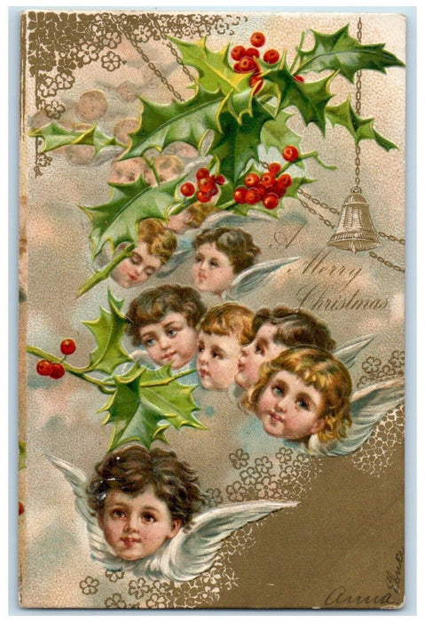 1906 Christmas Angels Head Holly Berries Embossed Nash New York NY Postcard