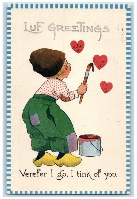 1913 Luf Greetings Dutch Kid Painting Hearts Hood River OR Antique Postcard