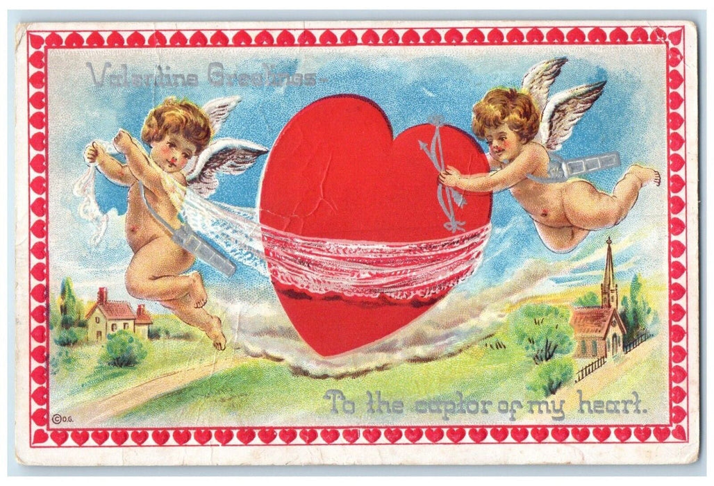 c1910's Valentine Greetings Heart Angels Church Embossed Antique Postcard