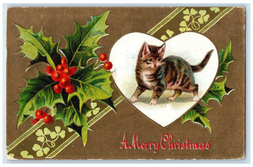 1910 Christmas Holly Berries Cat Embossed Utica New York NY Antique Postcard