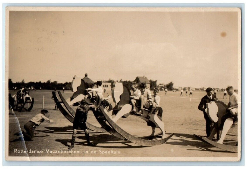 1939 Playground Giant Rocking Horse Rotterdam Netherlands RPPC Photo Postcard