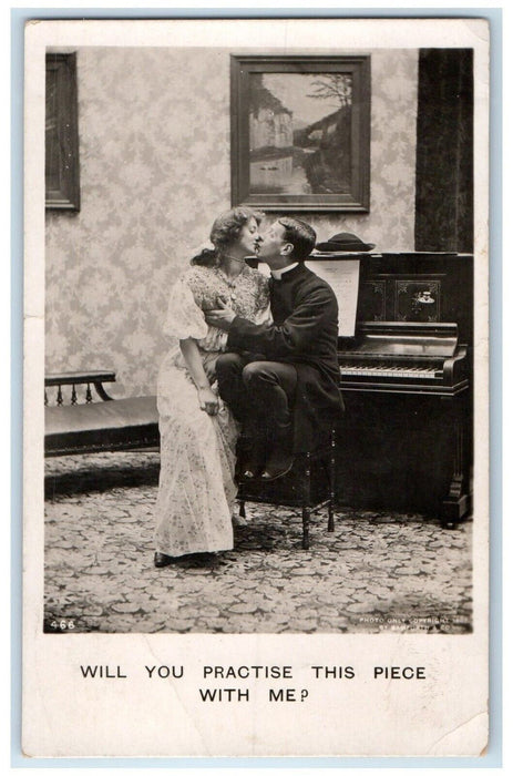 1908 Couple Romance Kissing Piano Chapman Cresto NE RPPC Photo Antique Postcard