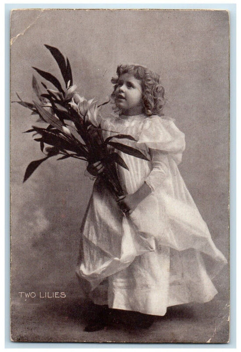 1907 Little Girl Curly Hair Holding Two Lilies Emhoria Kansas KS Posted Postcard