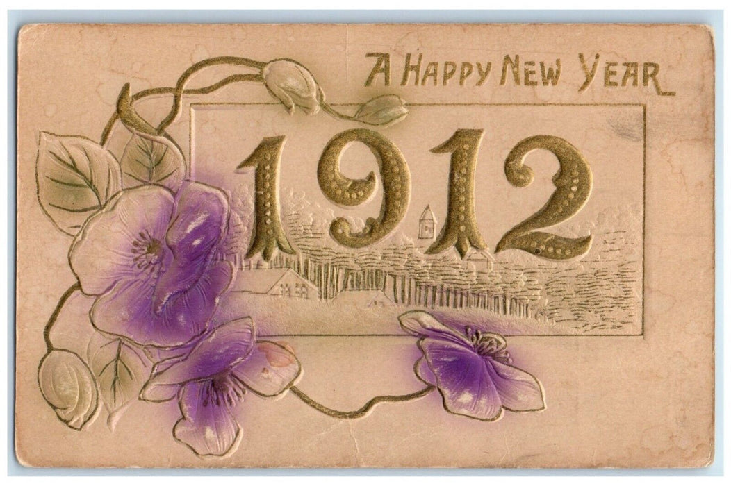 1912 Happy New Year Flowers Large Numbers Airbrushed Embossed Antique Postcard