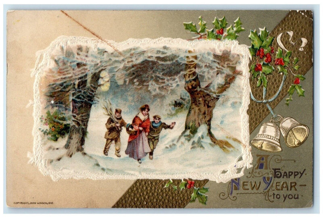 1910 New Year Family Winter Winsch Back Artist Signed Embossed Antique Postcard