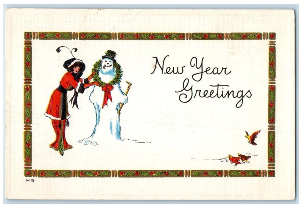 c1910's New Year Greetings Woman Snowman Pipe Birds Embossed Antique Postcard