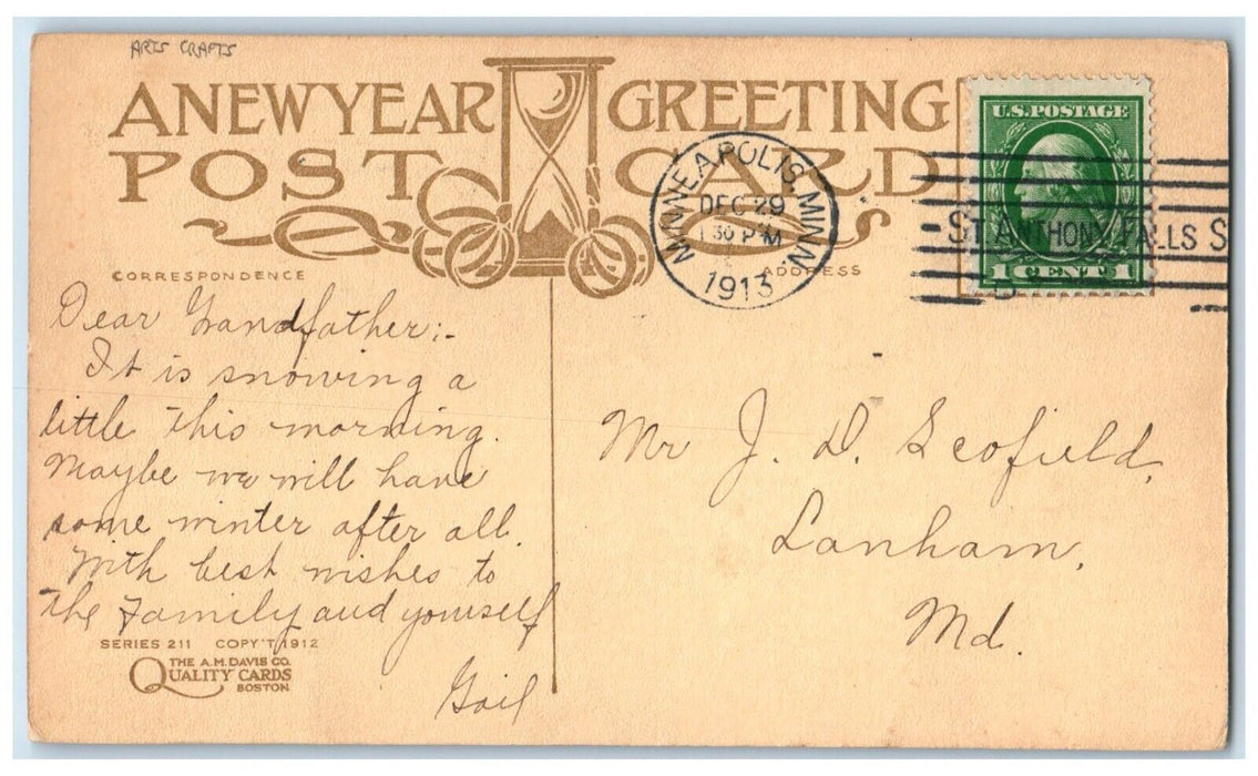 1913 New Year Pine Trees Arts And Craft Minneapolis Minnesota MN Posted Postcard