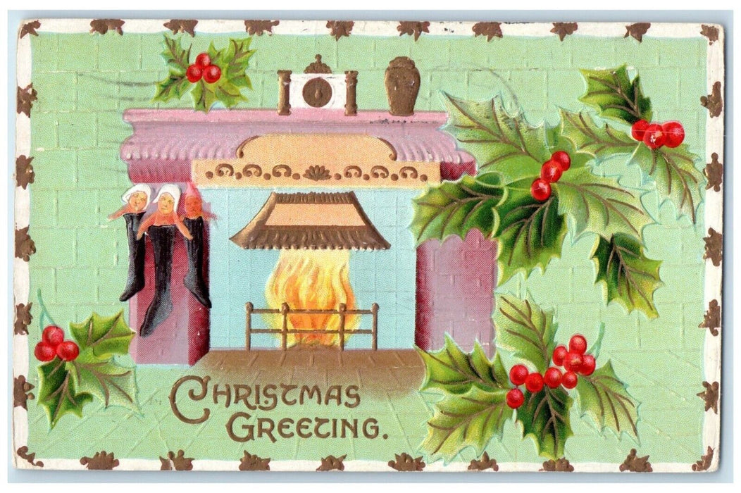 1915 Christmas Greetings Fireplace Stockings Holly Berries Kalispell MT Postcard