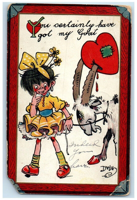 1916 Valentine Girl You Certainly Have Got My Goat Dwig Hibbing MN Postcard
